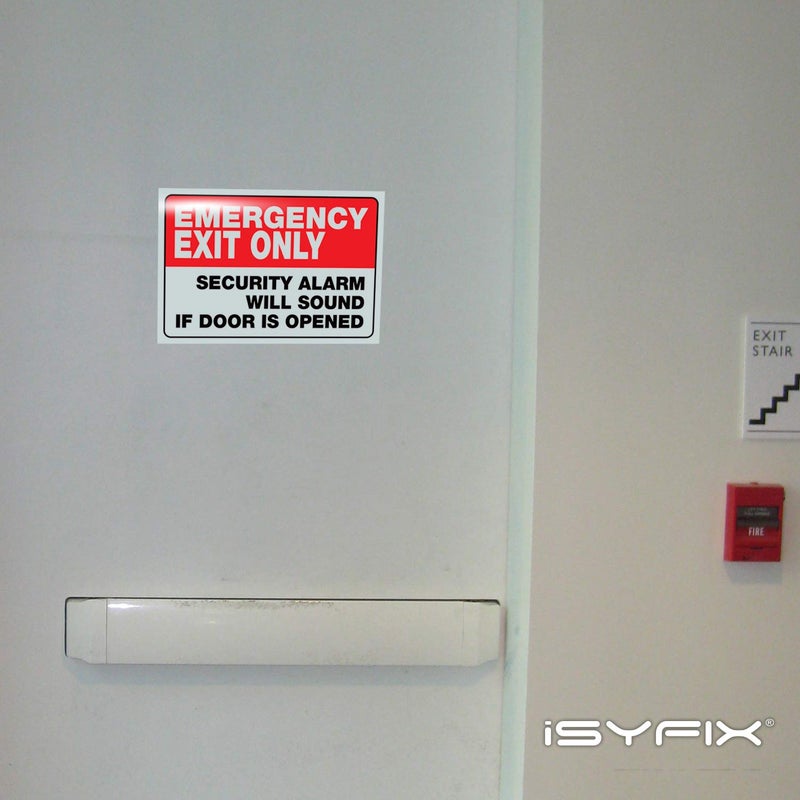 iSYFIX Emergency Exit Only Stickers â€“ 2 Pack 10x7 Inch â€“ Premium Self-Adhesive Vinyl, Laminated UV, Weather, Scratch, Water & Fade Resistance, Security Alarm Will Sound if Door is Opened Signs - Image 4